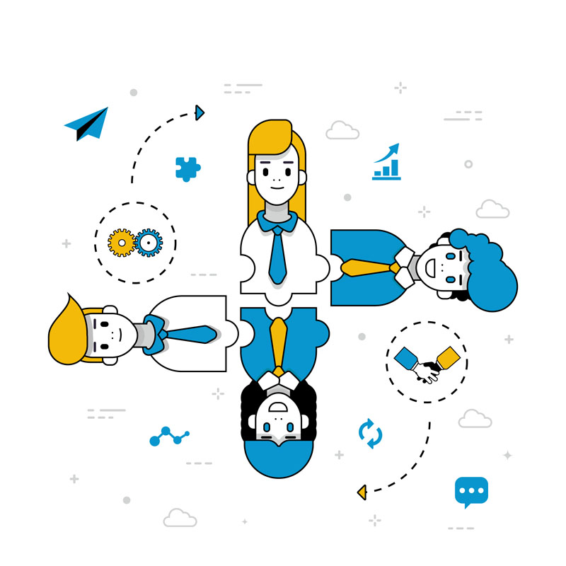 Ilustración de un equipo colaborando con gráficos y elementos de trabajo.