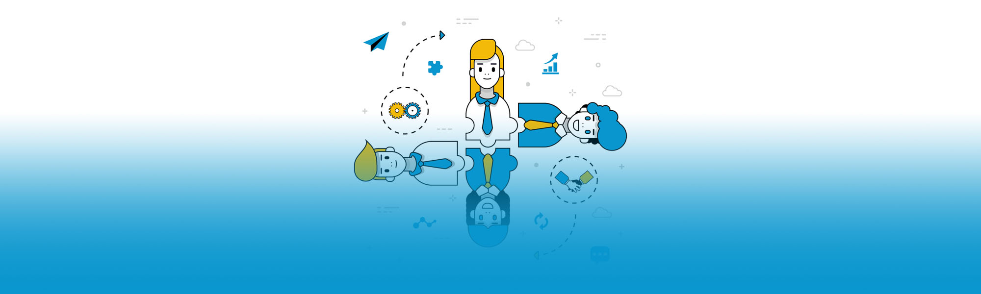 Ilustración de un equipo colaborando con gráficos y elementos de trabajo.