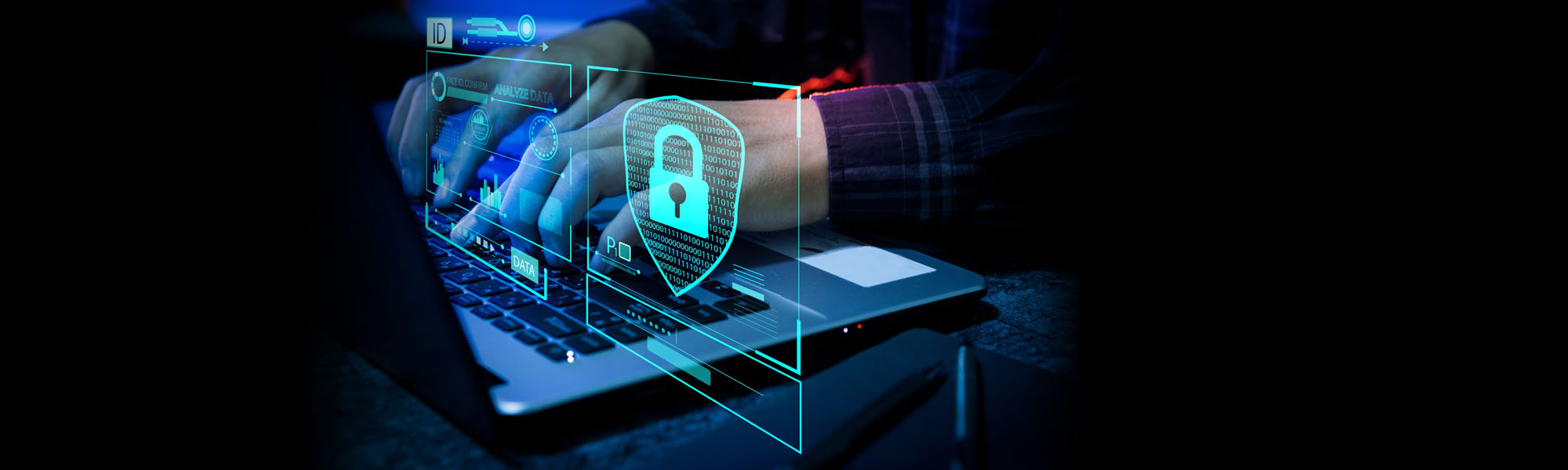 Imagen de un teclado con gráficos de seguridad cibernética y datos